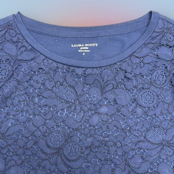 LAURA SCOTT Women’s Petite Large Blue Lace Long Sleeve Top - Picture 5 of 6